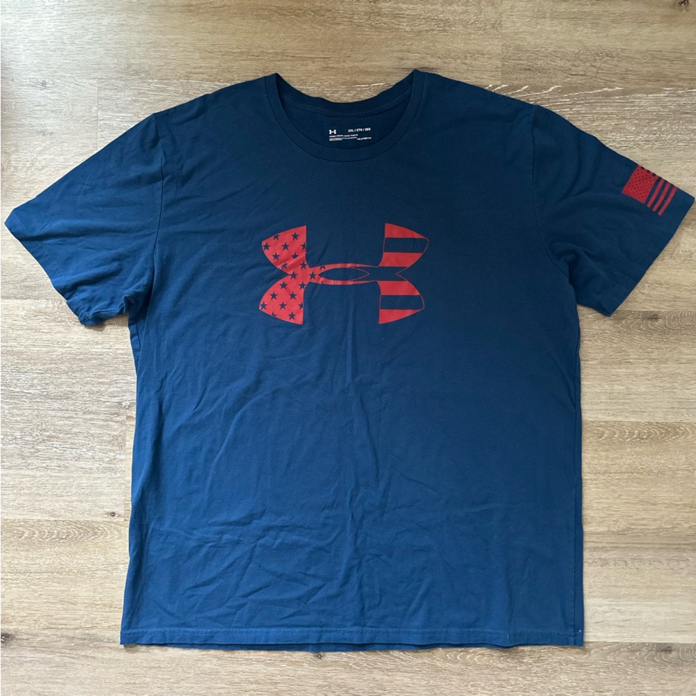 Under Armour Men's Navy Tee with Red Logo and American Flag Design